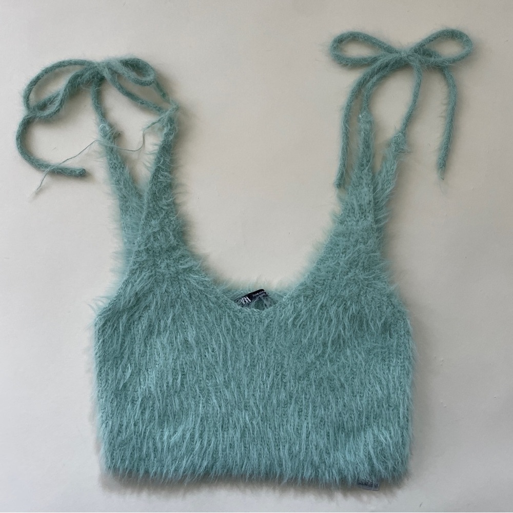 Zara Tank Top Womens Small Green Fuzzy Tie Straps Sweater Crop Boho Peasant